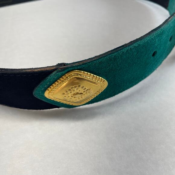 Vintage Doncaster Green Leather Belt Gold Medallion Buckle Suede Accent Medium